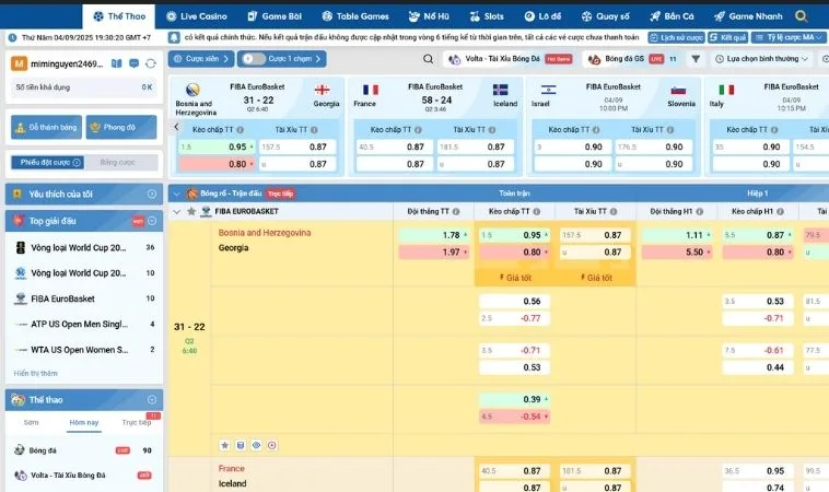 Giao diện cá cược bóng rổ VNBet77