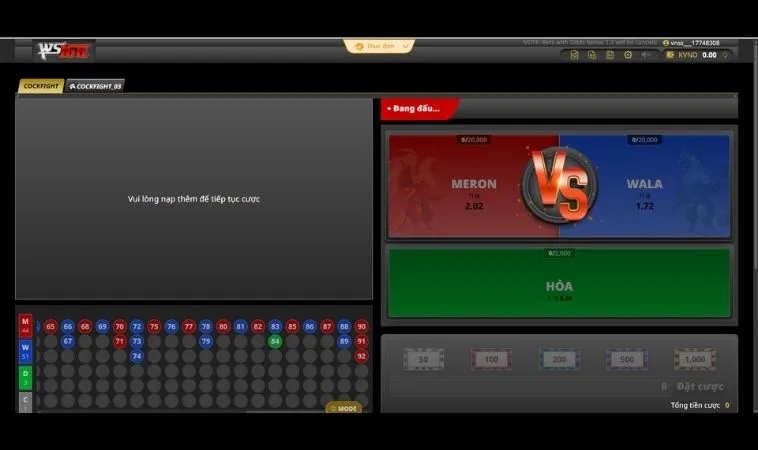 Giao diện đặt cược Đá Gà WS168 Tại VNBet77