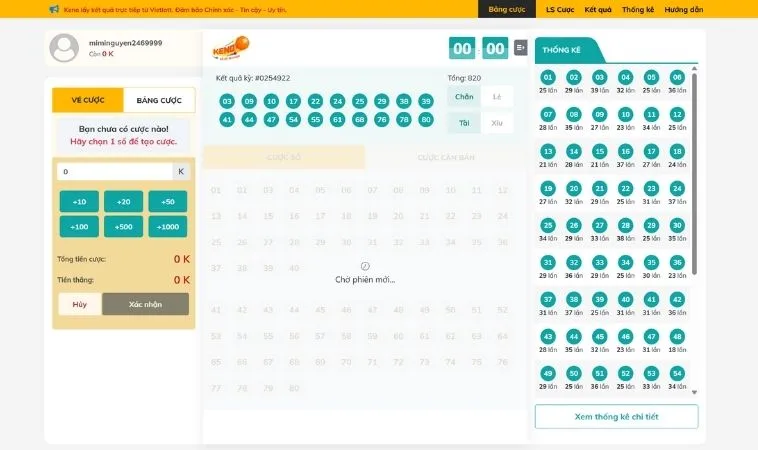 Giao diện chơi game nhanh Keno tại VNBet77