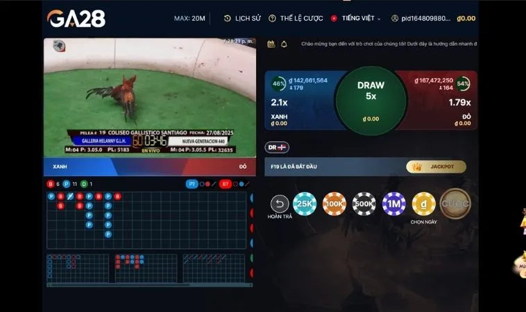 Giao diện đặt cược Đá Gà GA28 tại VNBet77