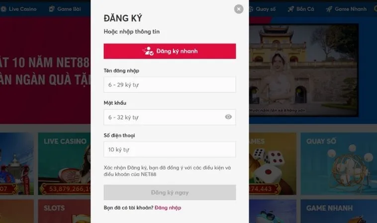 Giao diện đăng ký VNBet77