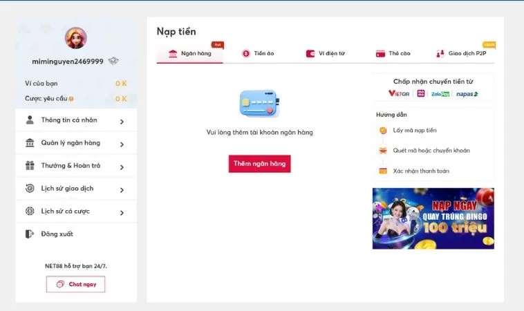Giao diện nạp tiền VNBet77