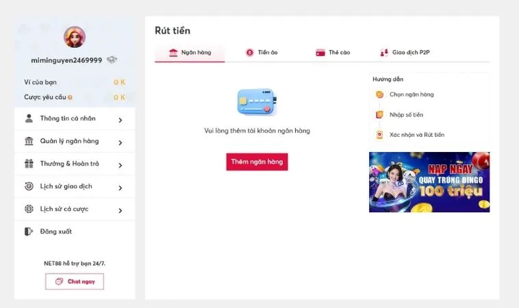 Giao diện rút tiền VNBet77